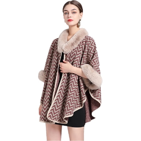 Women's Faux Fur Shawl Wrap Poncho Ruana Cape Open Front Cardigan Warm Cape Sweater Cloak