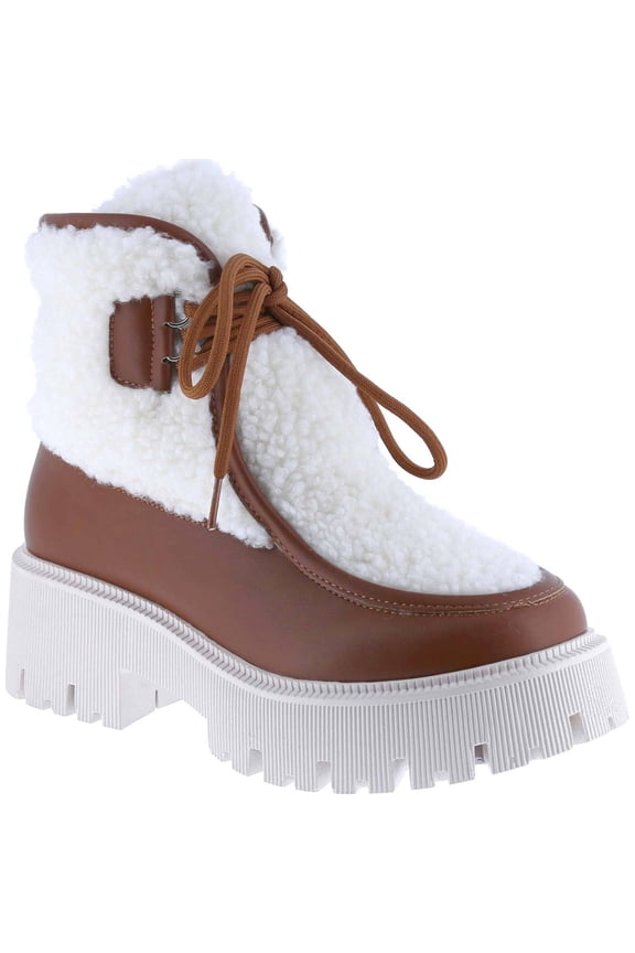 Women's Faux Fur Shearling Lace Up Ankle Boots Round Toe Chunky Platform Boot Warm Fall Winter Booties