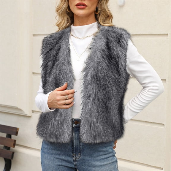 Women's Faux Fur Sleeveless Vest, Eco-Friendly Plush Waistcoat, Stand Collar Open Front Gilet, Warm Padded Layer, Cropped Fleece Jacket, Casual Layering Piece Grey L