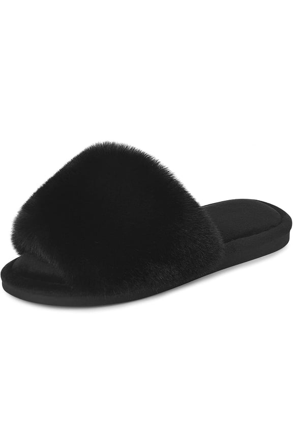 Women's Faux Fur Slippers Fuzzy Flat Spa Fluffy Open Toe House Shoes Indoor Outdoor Slip on Memory Foam Slide Sandals Burgundy 9-10