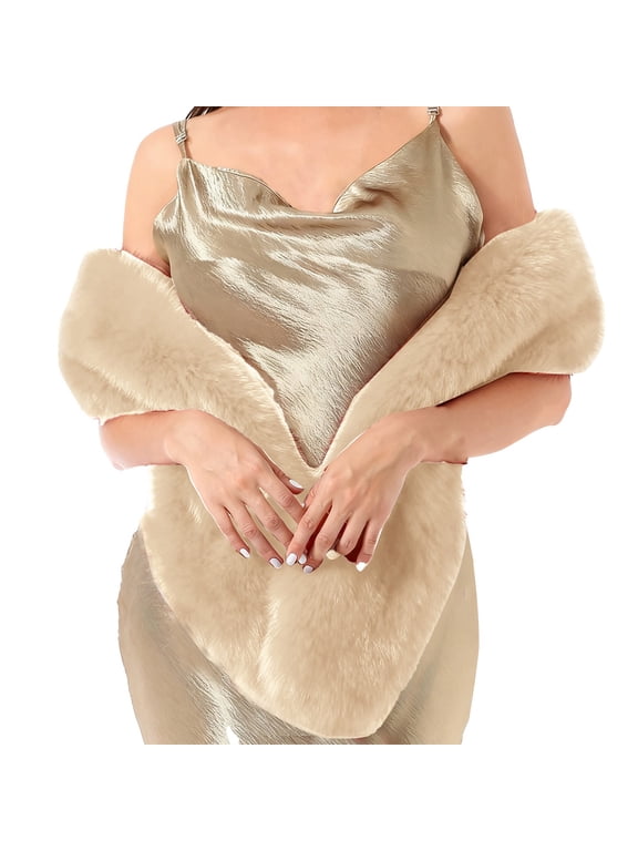 Women's Faux Fur Stole Wrap, Plush Winter Neck Scarf for Evening Dress and Wedding Party, Elegant Long Shawl for Bride and Bridesmaids, Soft Quilted Lining Cold Weather Accessory Gift Beige
