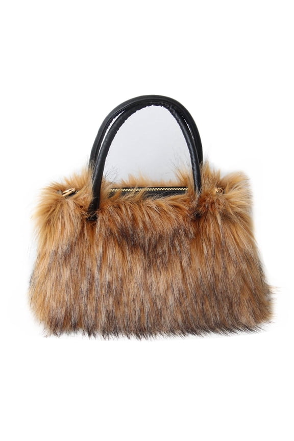 Women's Faux Fur Tote Handbag, Brown, Black