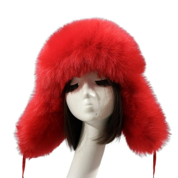 Women's Faux Fur Trapper Hat with Ear Flaps, Winter Warm Ski Hat with Plush Lining, Cold Weather Ear Protection Hat for Snow Activities, Soft Thermal Winter Hat for Outdoor Sports Red