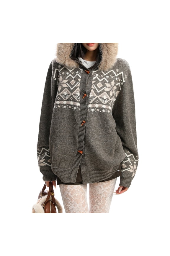 Women’s Faux Fur Trim Hooded Cardigan Sweater, Button Up Fair Knit Oversized Fall Winter Casual Lazy Style Coat Jacket