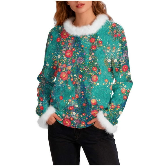 Women's Faux Fur Trim Patchwork Sweatshirts Loose Crewneck Long Sleeve Furry Soft Blouse Pullover Casual 2025 Knitted Tops