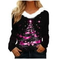 thumbnail image 1 of Women's Faux Fur Trim V Neck Christmas Sweatshirts Loose Patchwork Xmas Tree Graphic Tops Dressy Casual Long Sleeve Blouse, 1 of 5