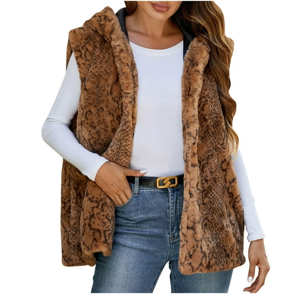 Women's Faux Fur Vest Oversized Leopard-Print Top Winter Warm Jacket with Hood Brown 3XL