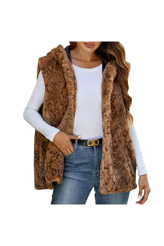 Women's Faux Fur Vest Oversized Leopard-Print Top Winter Warm Jacket with Hood Brown 3XL