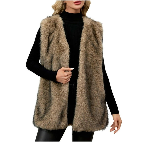 Women's Faux Fur Vest Shaggy V Neck Long Coat Winter Warm Coats Outerwear Khaki L