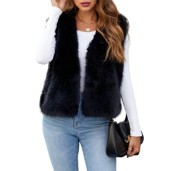 Women's Faux Fur Waistcoat Vest Fuzzy Sleeveless Open Front Outwear Winter Warm Short Fluzzy Vest Jacket Coat Black XXL