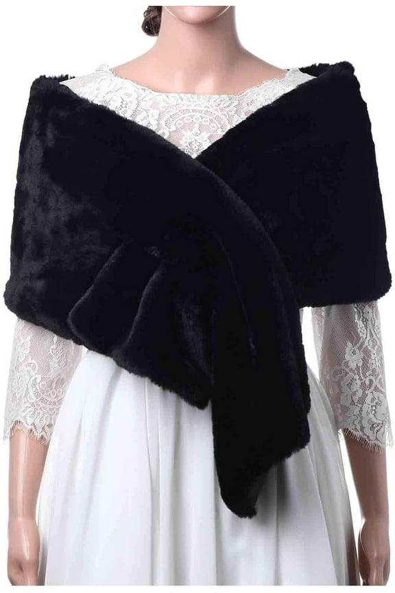 Women's Faux Fur Wraps Long Wedding Fur Shawl 1920s Sleeveless Bridal Fur Stole Scarf for Bride and Bridesmaid (Black with shorter fur)