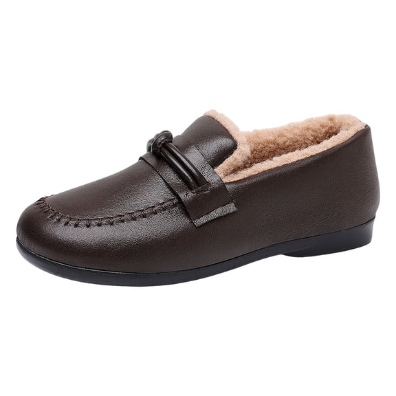 Women's Faux Furry Lined Loafers Winter Warm Non Slip Soft Leather Dress Shoes Fashion Versatile Slip On Short Boots Brown Size 7