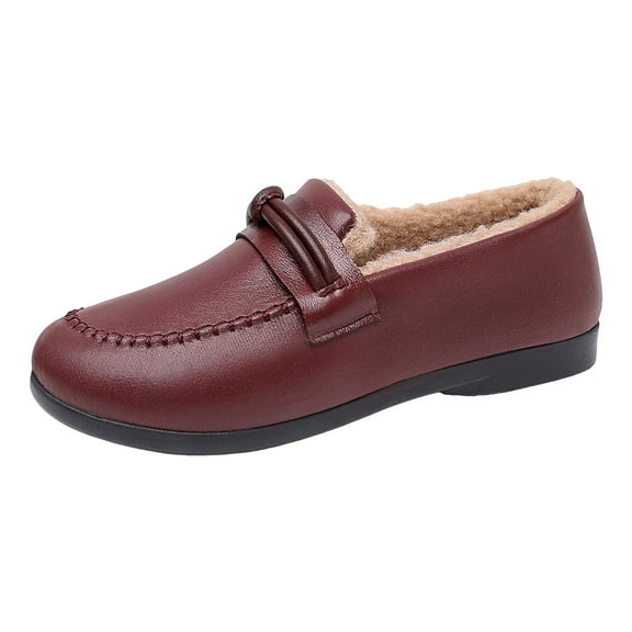 Women's Faux Furry Lined Loafers Winter Warm Non Slip Soft Leather Dress Shoes Fashion Versatile Slip On Short Boots Red Size 6.5