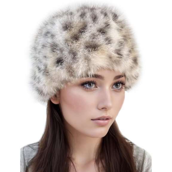 Women's Faux  Hat for Winter, Furry Cossack Russian Style Leopard Printed Warm Beanie Cap