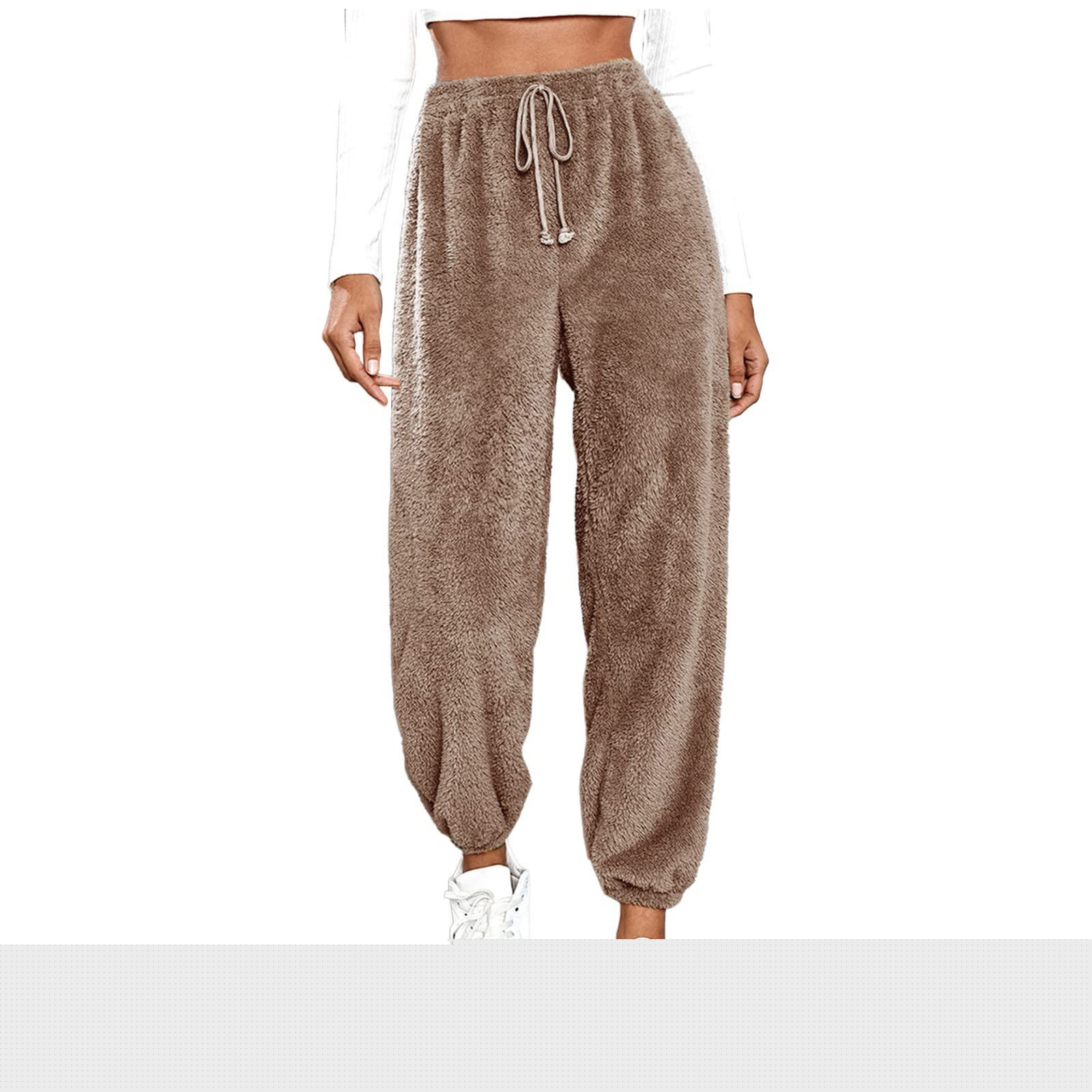thumbnail image 1 of Women's Faux Lamb Fleece Sweatpants Elastic Waist Drawstring Solid Cuffed Loungewear Joggers with Pockets Coffee 2XL, 1 of 5