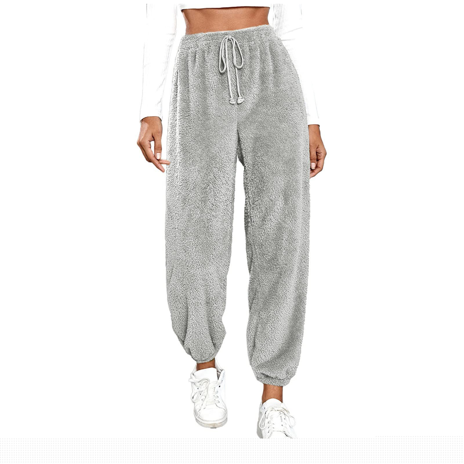 thumbnail image 1 of Women's Faux Lamb Fleece Sweatpants Elastic Waist Drawstring Solid Cuffed Loungewear Joggers with Pockets Silver 4XL, 1 of 5