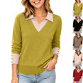 thumbnail image 1 of Women's Faux Layered 2 in 1 Knit Sweater V Neck Collared Long Sleeve Button Cuff Pullover Tops for Business Casual Work Office, Army Green, Free Size, 1 of 10