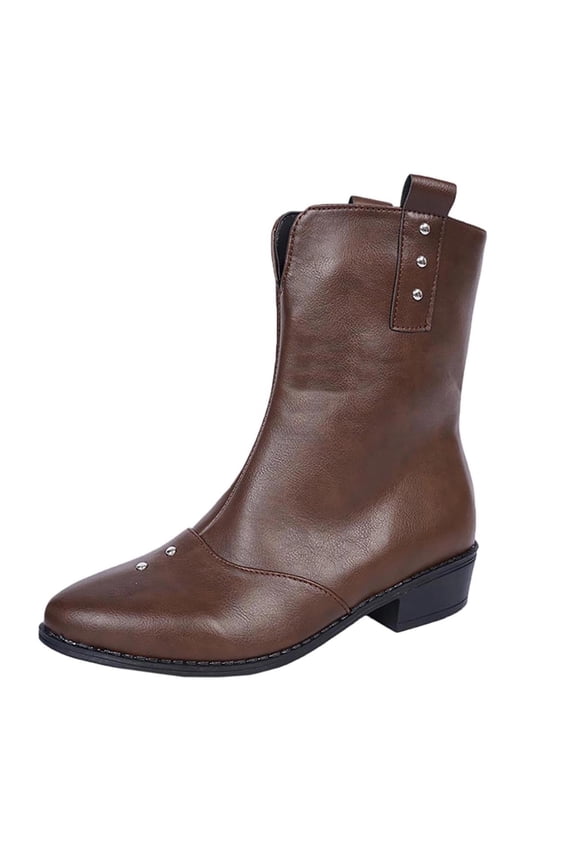 Women's Faux Leather Ankle Booties Retro Pointed Toe Slip On Chunky Block Heel Low Dress Short Boots Flat Boots for Work Walking Size 36-43 Brown
