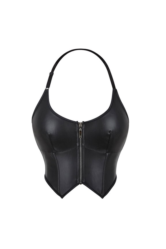 Women's Faux Leather Backless Corset Bustier Tops Lace up Going out Cropped Zip V-Neck Tank Corsets Black M