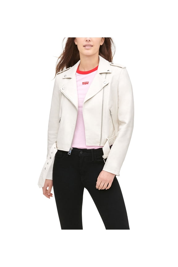 Women's Faux-Leather Belted Hem Moto Jacket Oyster XL