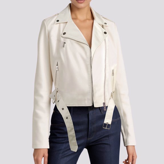 Women's Faux Leather Biker Jacket, Classic Motorcycle Style with Notched Lapel, Asymmetrical Zipper, Cropped Design, Multiple Zippered Pockets, Long Sleeve Casual Outerwear for Daily Wear