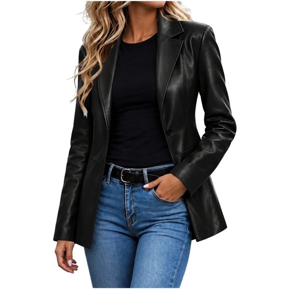 Women's Faux Leather Blazer Notched Lapel Single Button Long Sleeve Slim Fit Jacket Vintage Dressy Casual Work office Outerwear for Fall Winter Black