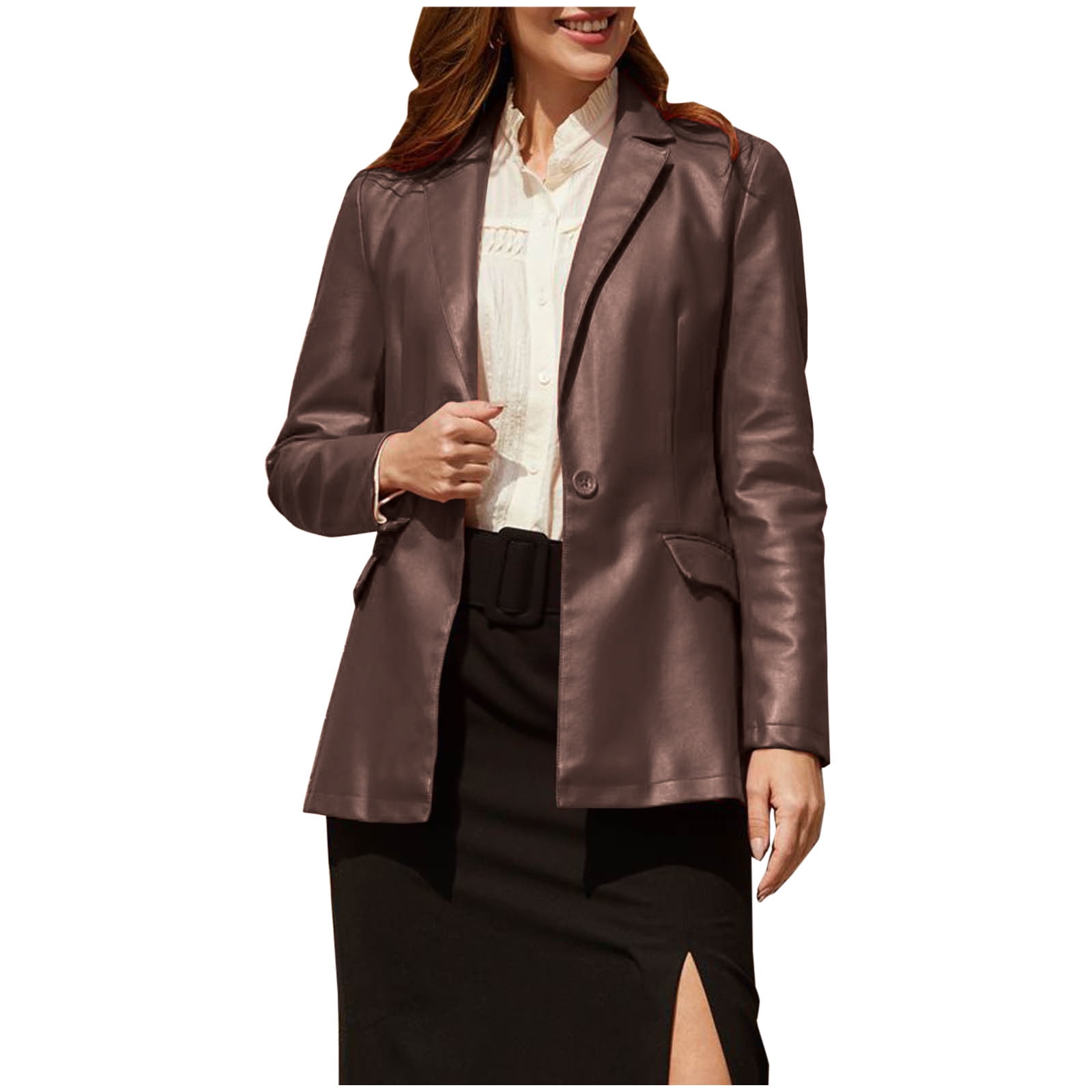 Women's Faux Leather Blazer Suit Jacket Lapel Collar Pleather Loose Fit