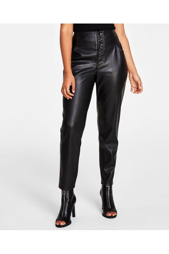 Women's Faux-Leather Button-Fly Ankle Pants Deep Black 2