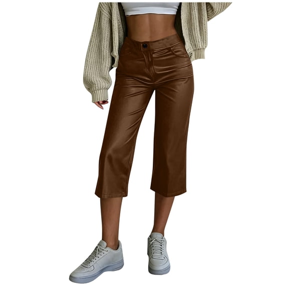Women’s Faux Leather Capri Pants Elastic High Waist with Zipper & Button Closure, Loose Straight Wide Leg Cropped Trousers with Pockets Brown