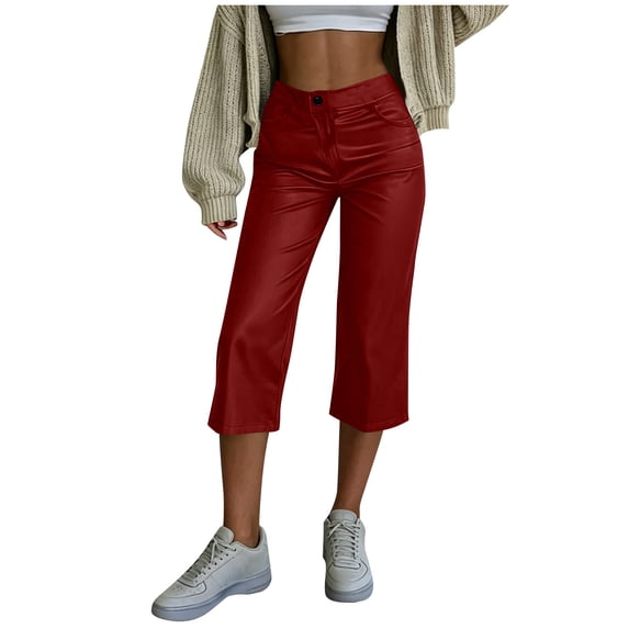 Women’s Faux Leather Capri Pants Elastic High Waist with Zipper & Button Closure, Loose Straight Wide Leg Cropped Trousers with Pockets Red