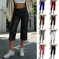 thumbnail image 1 of Women’s Faux Leather Capri Pants Elastic High Waist with Zipper & Button Closure, Loose Straight Wide Leg Cropped Trousers with Pockets White, 1 of 9