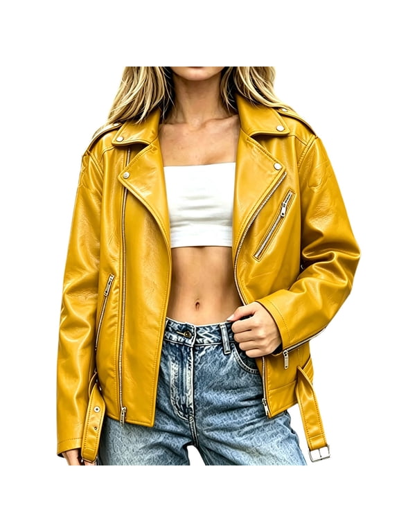 Women's Faux Leather Casual Moto Lightweight Jacket Trendy Zip up Outfits Biker Coat with Lapel Collar, Soft Smooth Lining And Zipper Pockets QURATI