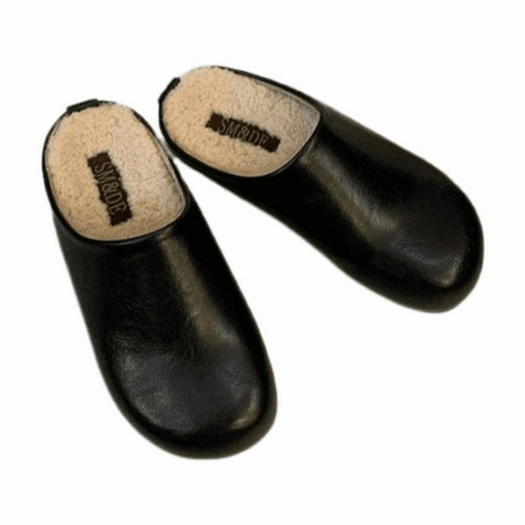 Women's Faux Leather Clogs with Fleece Lining, Thick-Soled Closed-Toe Plush Slippers for Indoor & Outdoor Casual Wear(Please select a size larger than size 1.)