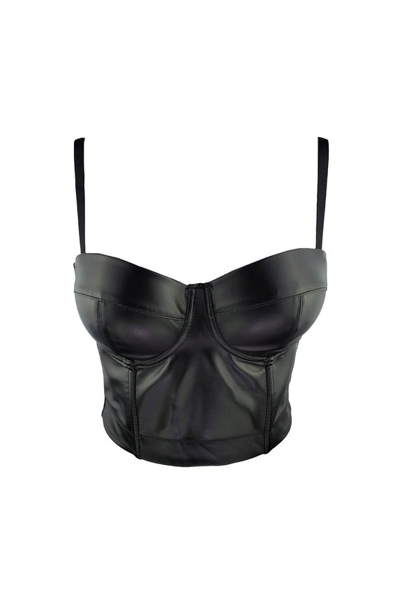 Women's Faux Leather Corset Bustier Spaghetti Strap Molded Cup Cropped Cami Bra Streetwear Nightclub Tops Black S