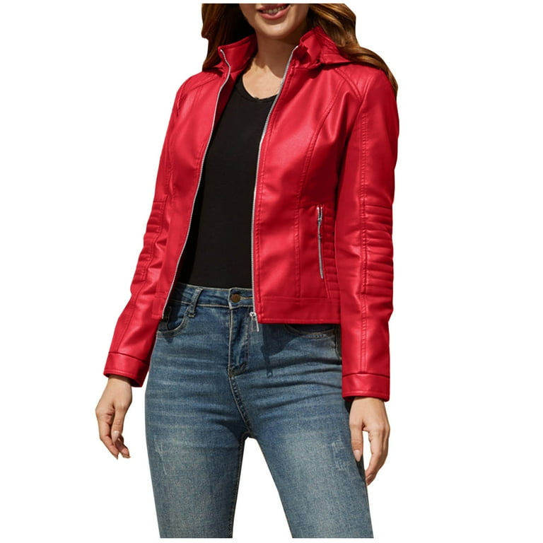 Women's Faux Leather Crop Jacket with Detachable Hood Vintage Full Zip up  Long Sleeve Motorcycle Short Jacket (XX-Large, Red)