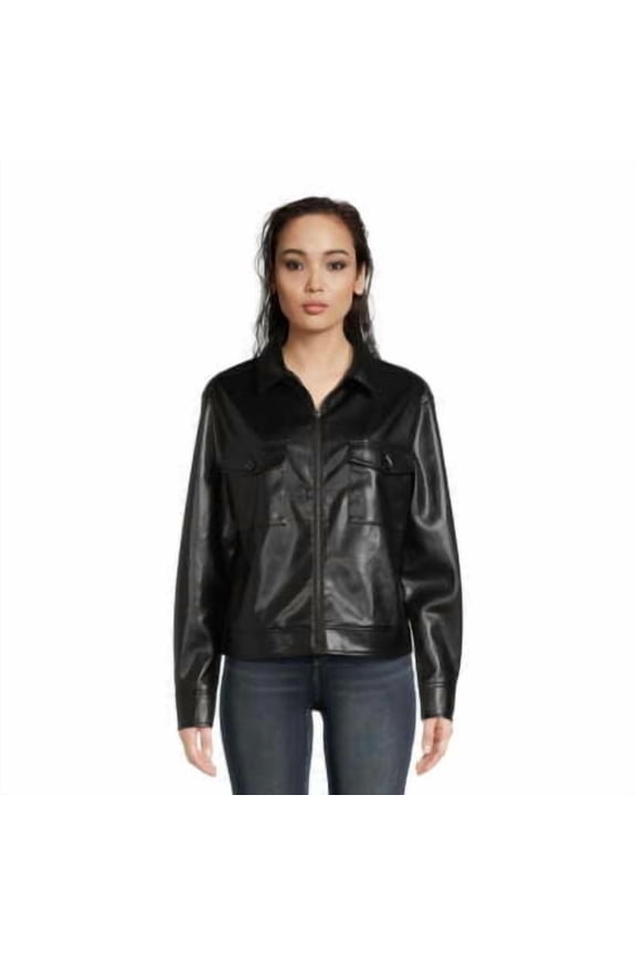 Women's Faux Leather Crop Shacket with Long Sleeves, Size XL Black