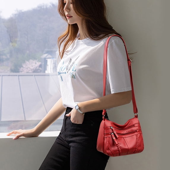 Women's Faux Leather Crossbody Bag Soft Washed Large Capacity Shoulder Handbag With Multi Zipper Pockets Brown Red Purse