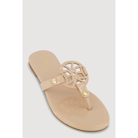 Women's Faux Leather Cut Out Pendant Thong Sandals
