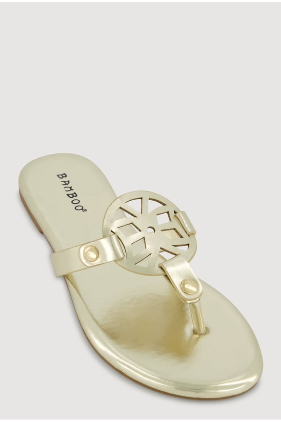 Women's Faux Leather Cut Out Pendant Thong Sandals