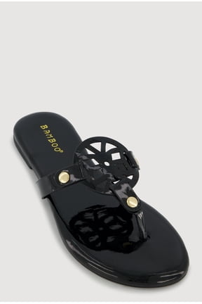 Women's Faux Leather Cut Out Pendant Thong Sandals