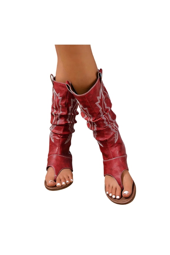 Women's Faux Leather Flip Flop Slip On Western Slouchy Mid Calf Tong Sandals Lightweight Flat Open Toe Summer Boots Red Size 9