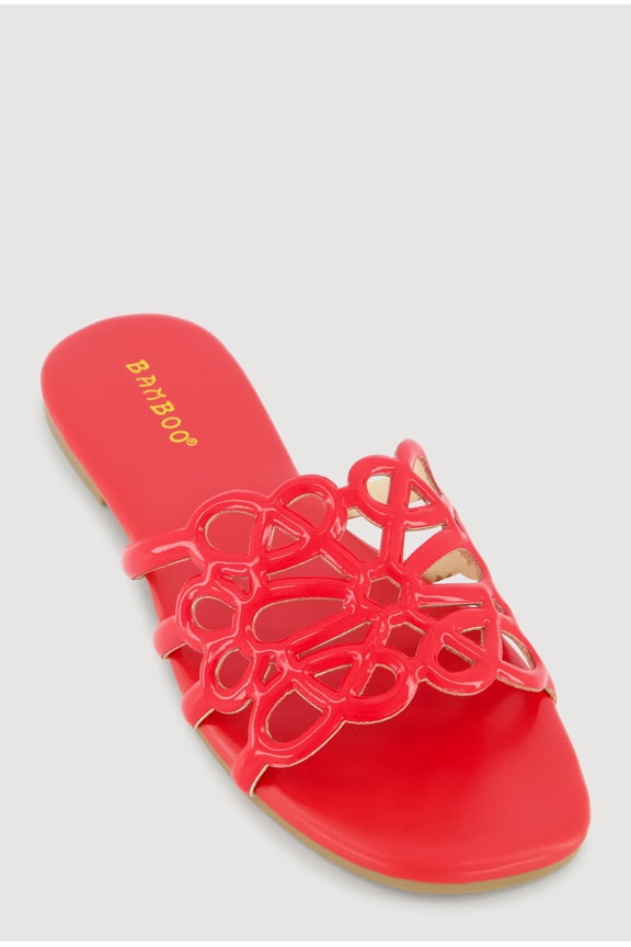 Women's Faux Leather Geometric Band Detail Slide Sandals