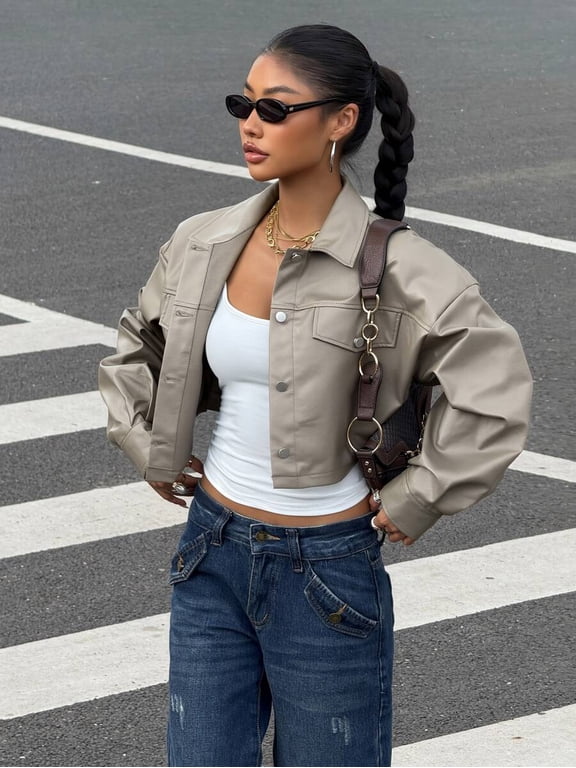 Women's Faux Leather Jacket Button Down Long Sleeve Cropped Moto Coat