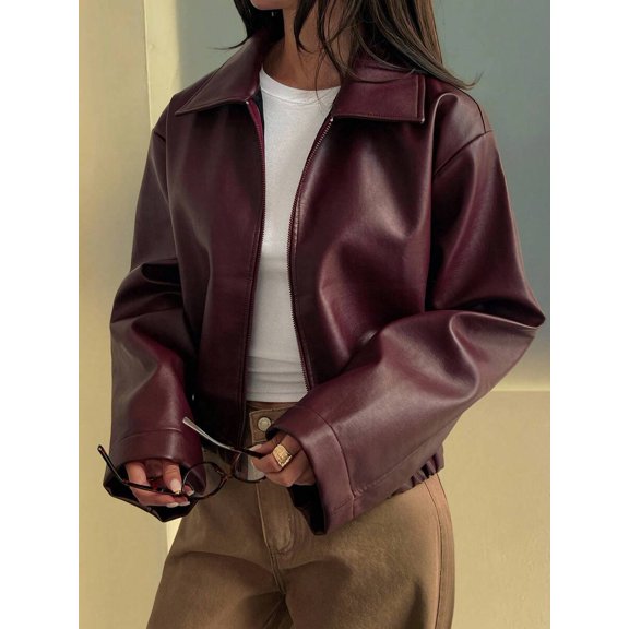 Women's Faux Leather Jacket, Casual Loose Fit Long Sleeve Outerwear, Fashionable Fall and Winter Coat for Women