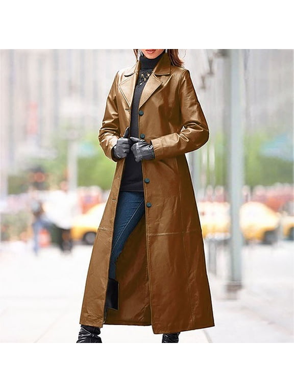 Women's Faux Leather Jacket Fashion Elegant And Winter Solid Long Leather Coat Trends Button Lapel Imitation Leather Classic Windbreaker Coat Brown L