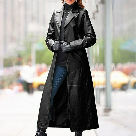 Women's Faux Leather Jacket Fashion Elegant And Winter Solid Long Leather Coat Trends Button Lapel Imitation Leather Classic Windbreaker Coat Black XL