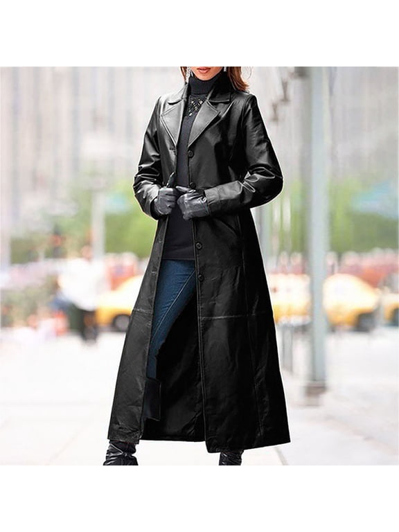 Women's Faux Leather Jacket Fashion Elegant And Winter Solid Long Leather Coat Trends Button Lapel Imitation Leather Classic Windbreaker Coat Black XXL