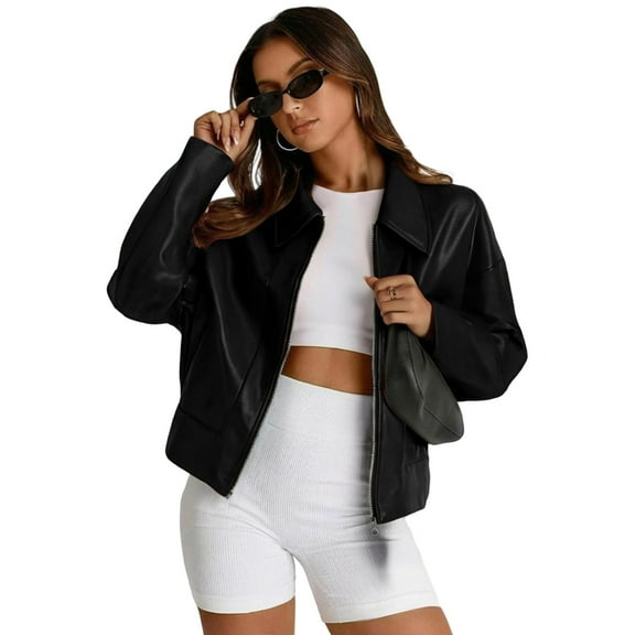 Women's Faux Leather Jacket Lapel Neck Full Zip Cropped PU Bomber Coat Fashion Casual Fall Outerwear (M, Black)