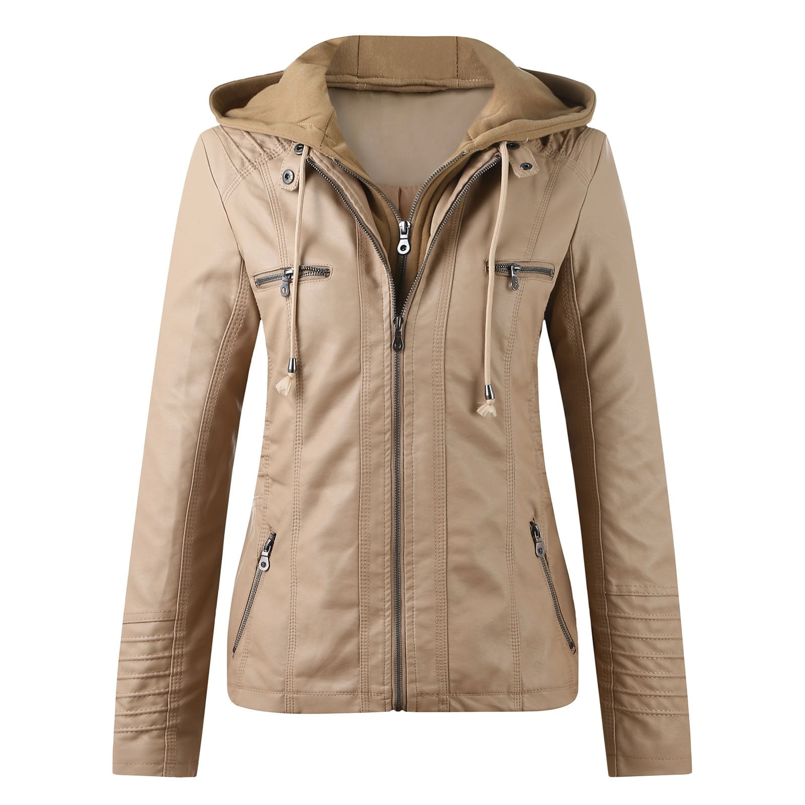 Women's Faux Leather Jacket Plus Size Stand Collar Zipper Outerwear Casual Removable Hoooded Motorcycle Jacket Coats Khaki 4Xl