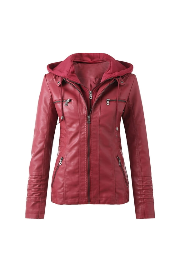 Women's Faux Leather Jacket Plus Size Stand Collar Zipper Outerwear Casual Removable Hoooded Motorcycle Jacket Coats Red 3Xl
